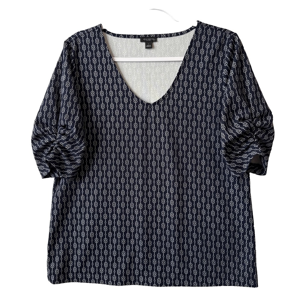 Ann Taylor Navy Blue Bridle Chain Link Ruched Puff Sleeve Top L Equestrian Chic